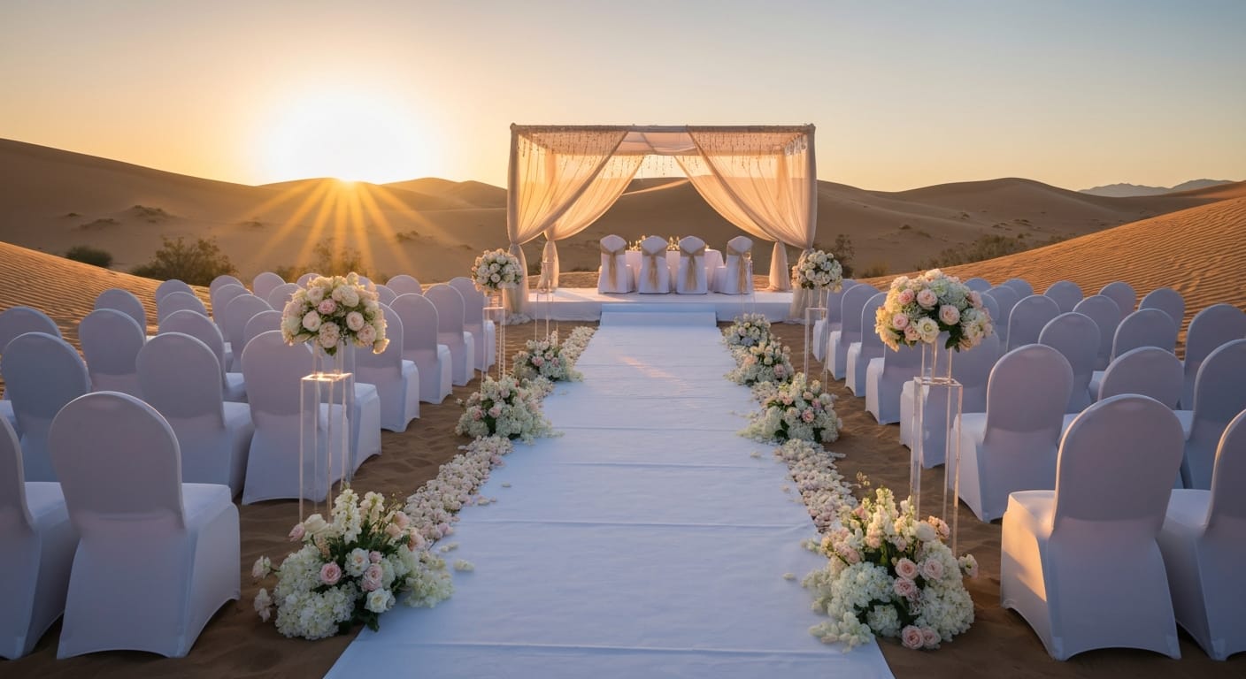 Romantic desert wedding ceremony setup with sunset backdrop